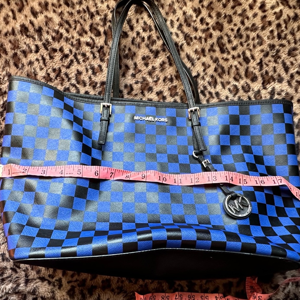 Michael Kors blue and black checkered tote.